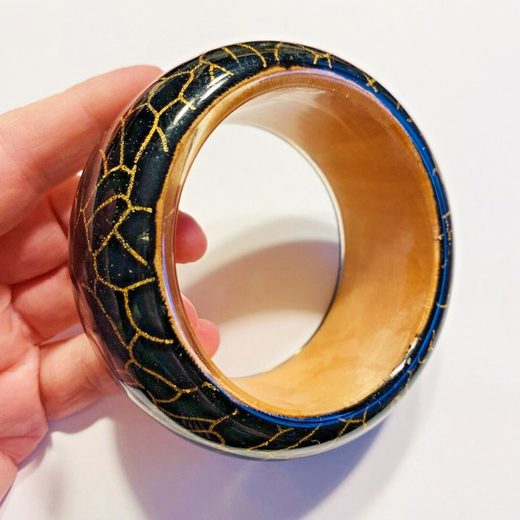 Vintage 1980's Bangle Bracelet Hard Plastic Wood Look Unique Chunky Fashion Chic - Picture 3 of 7